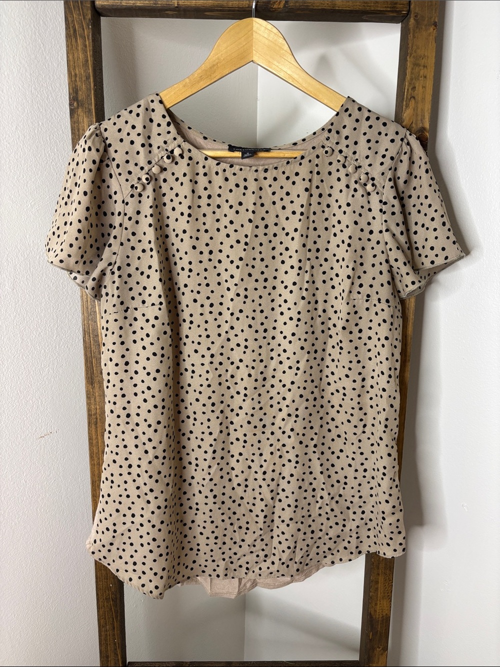 Fortune + Ivy Dalmatian Polka Dot Short Sleeve Blouse in Beige Size M